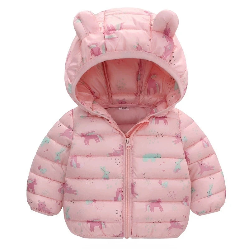 Chaqueta de plumas para niños de 1 a 5 años, de otoño e invierno, con capucha, de dibujos animados, cálida y a la moda, con cremallera, abrigo para niñas, ropa infantil