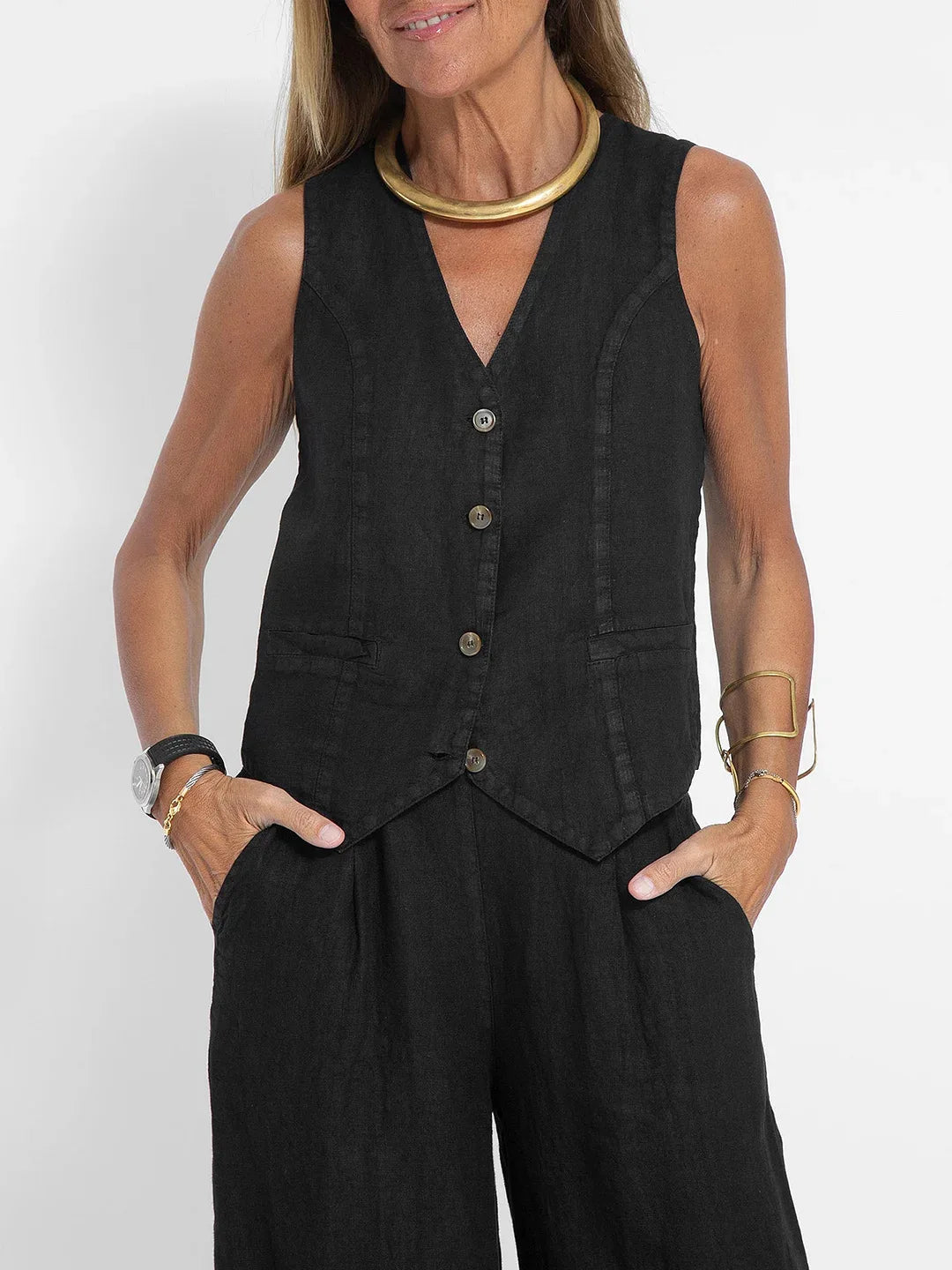 Conjuntos de chaleco y pantalón de moda para mujer, de algodón liso, traje informal, top sin mangas con botones de patchwork + pantalones, conjunto de 2 piezas para la oficina