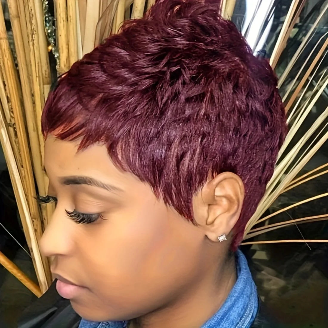 Human Hair Wig Short Pixie Cut Wig Human Hair Natural Color Brown 99J Wig with Bangs
