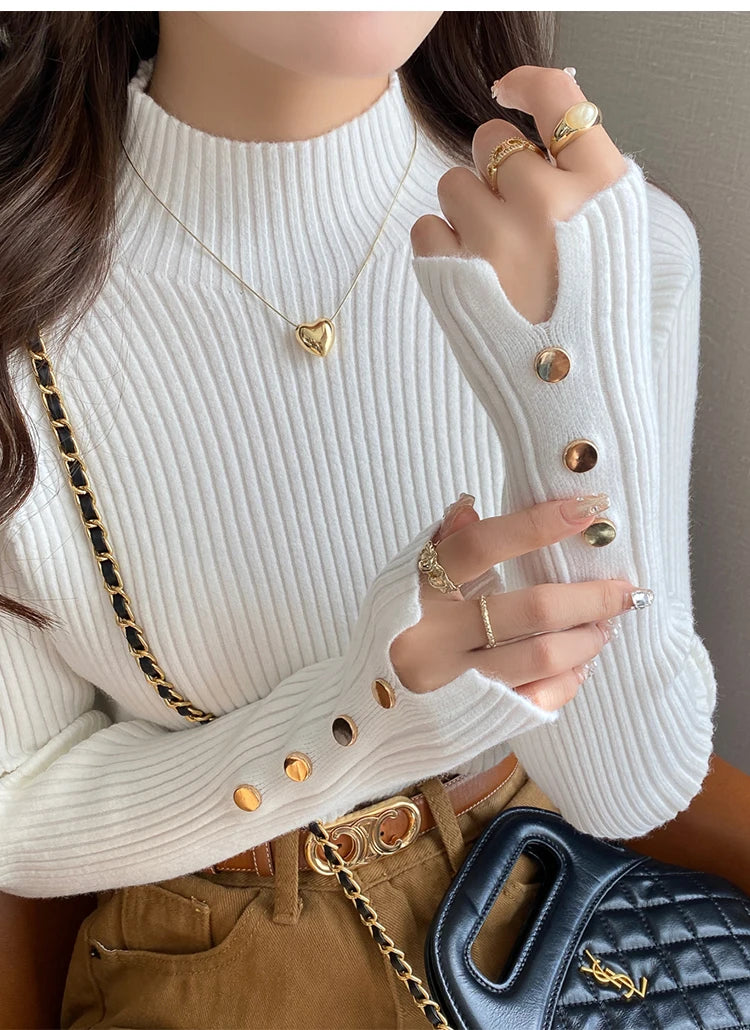 Suéter de otoño invierno para mujer, jerséis, tops de manga larga, ropa, suéter suave de punto delgado, ropa de calle, suéter de cuello alto con botones