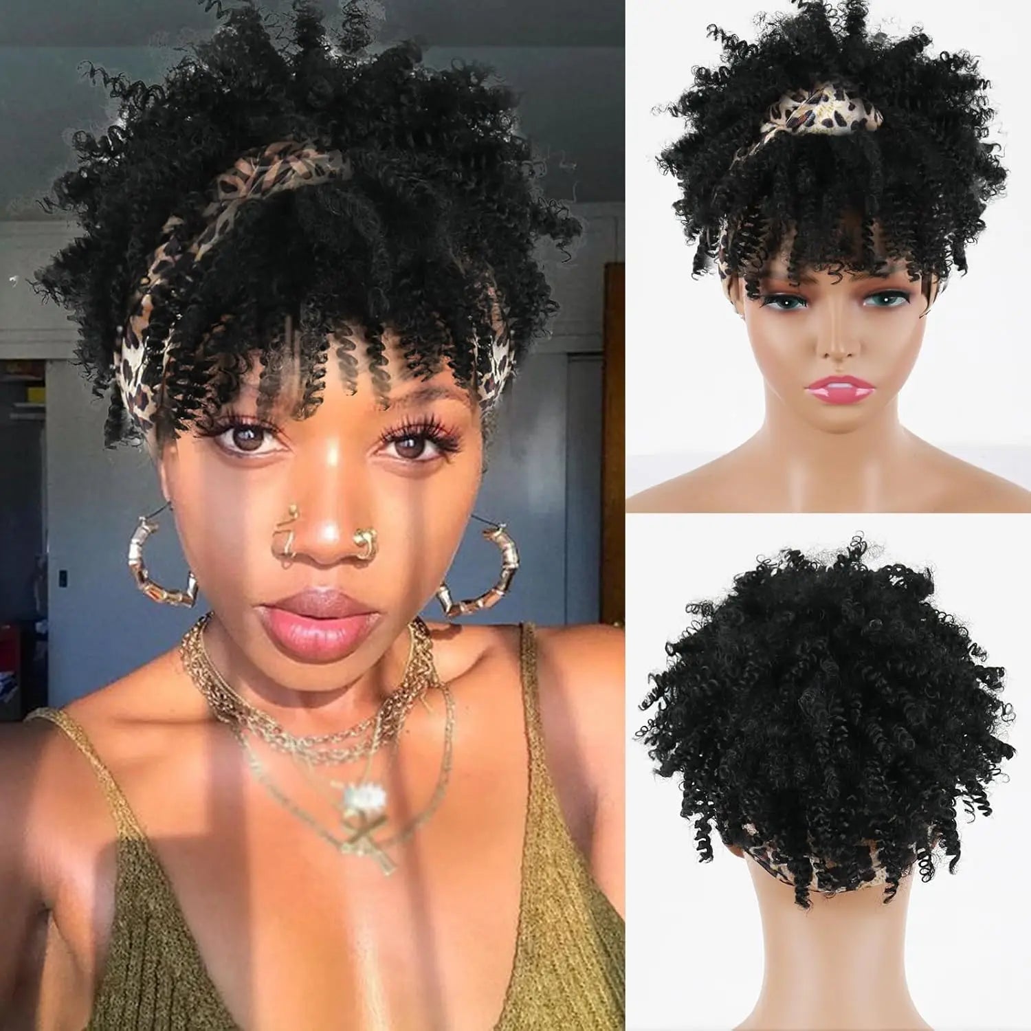 Afro Curly Headband Wigs Short Kinky Curly Wigs with Headbands Attached Scarf Wig For Women Synthetic Afro Puff Wigs with Bangs