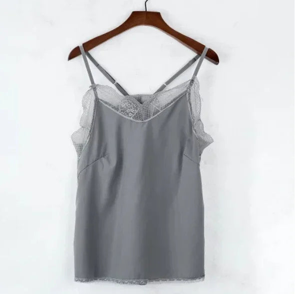 Tops de mujer - Elegante camiseta sin mangas, top de tubo, camisola de seda satinada, chaleco liso con tirantes, blusa sin mangas, ajuste francés, encaje delicado