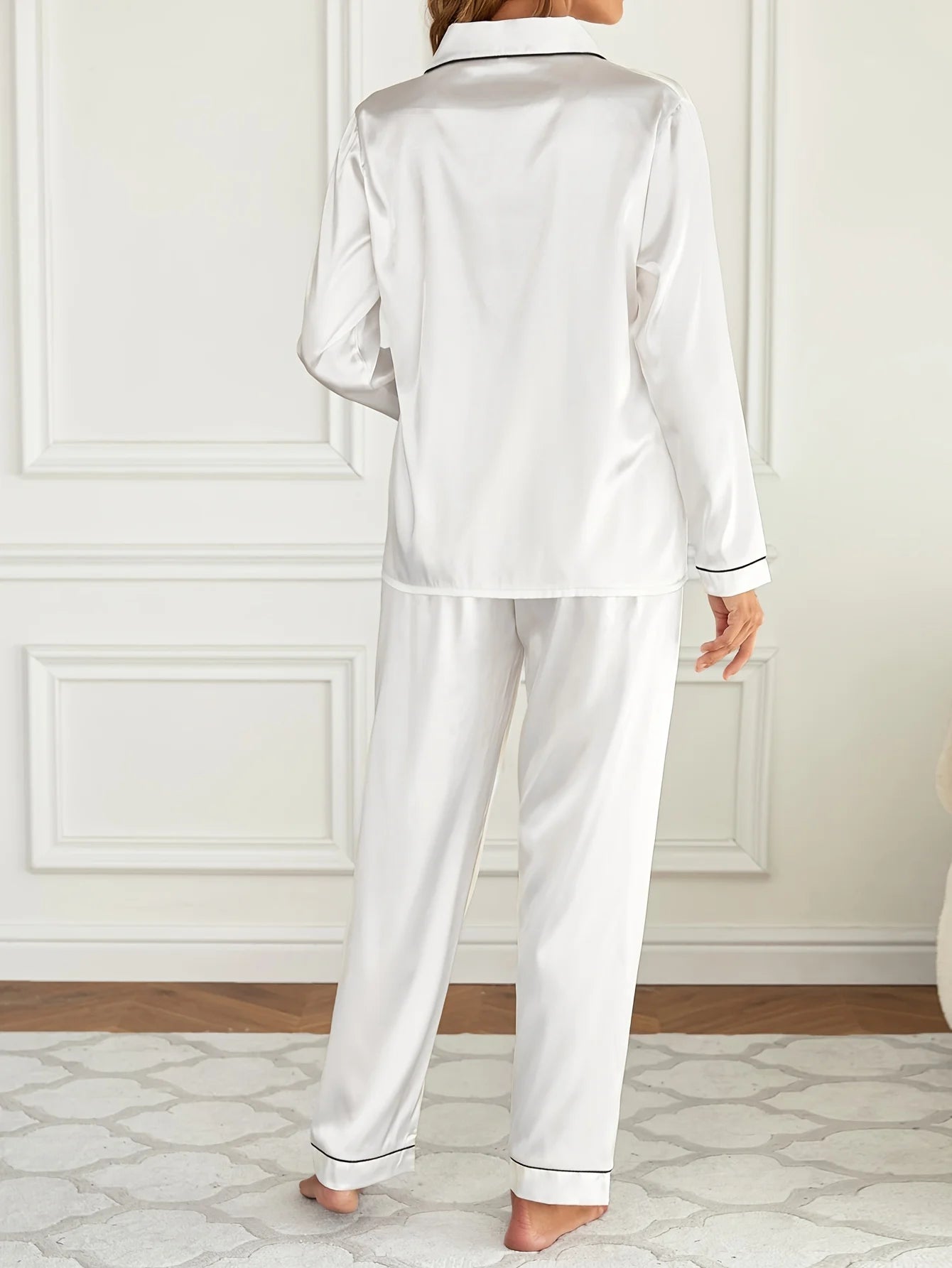 Conjunto de pijama liso de manga larga con botones y cuello tipo solapa, top y pantalones, conjunto de ropa de dormir y de estar para mujer