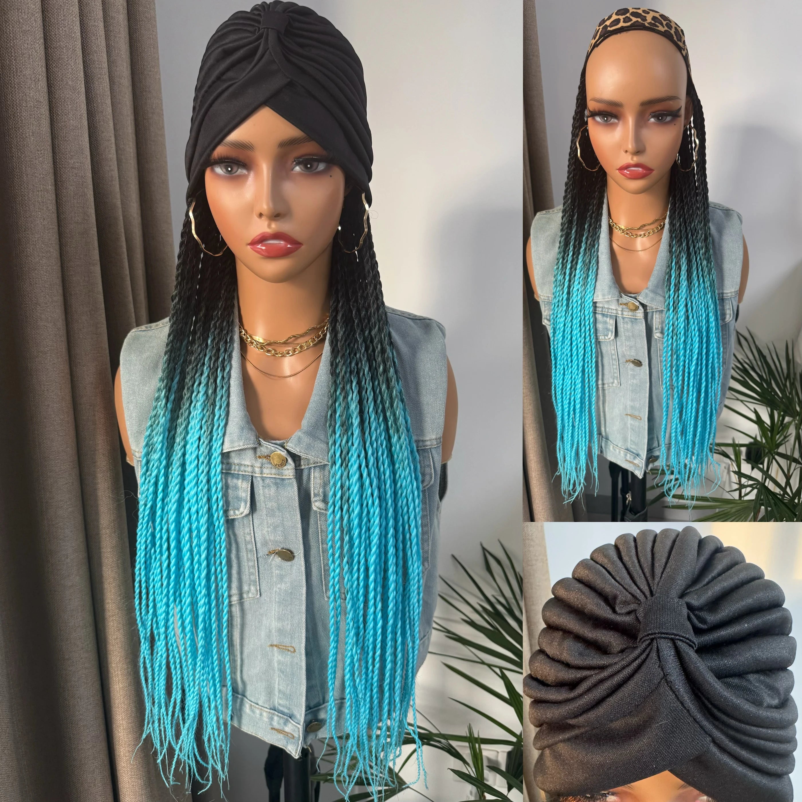 WIGERA Long 24Inch Ombre Fantasy Senegalese Twist Braided Synthetic Wig With Headband Turban Modular Design For Black Women