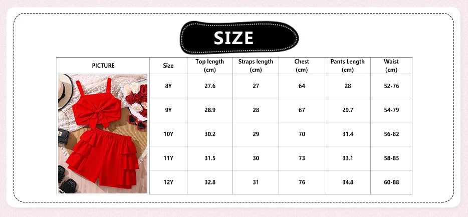 kids Clothing Sets For Girls Red Sleeveless Square Collar Ruffled Bowknot Elastic-Waist 8-12 Years Summer Fashion Sweet Style