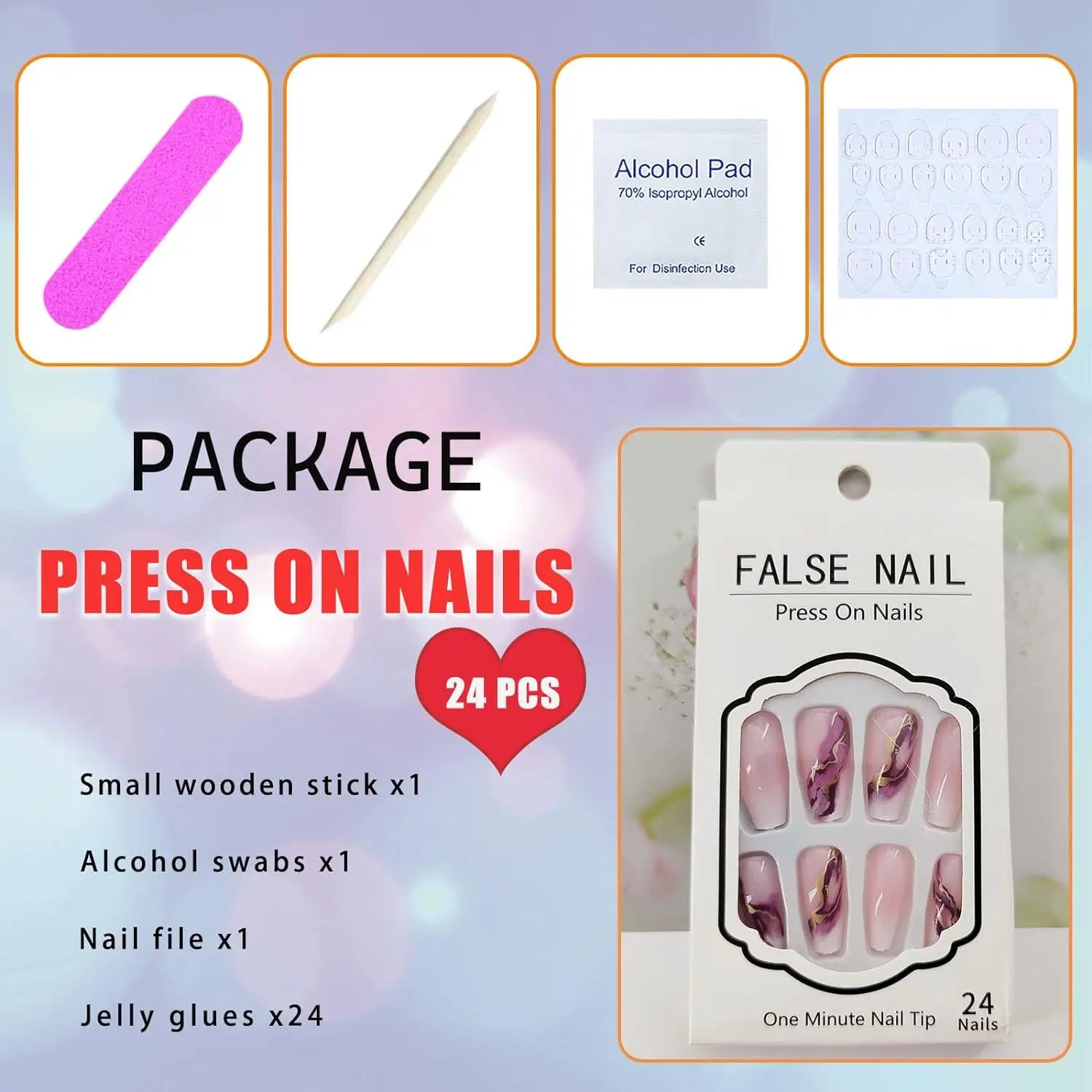Uñas a presión francesas coloridas con diseños, uñas postizas a presión de cabeza cuadrada larga, pegamento simple portátil para uñas, uñas postizas
