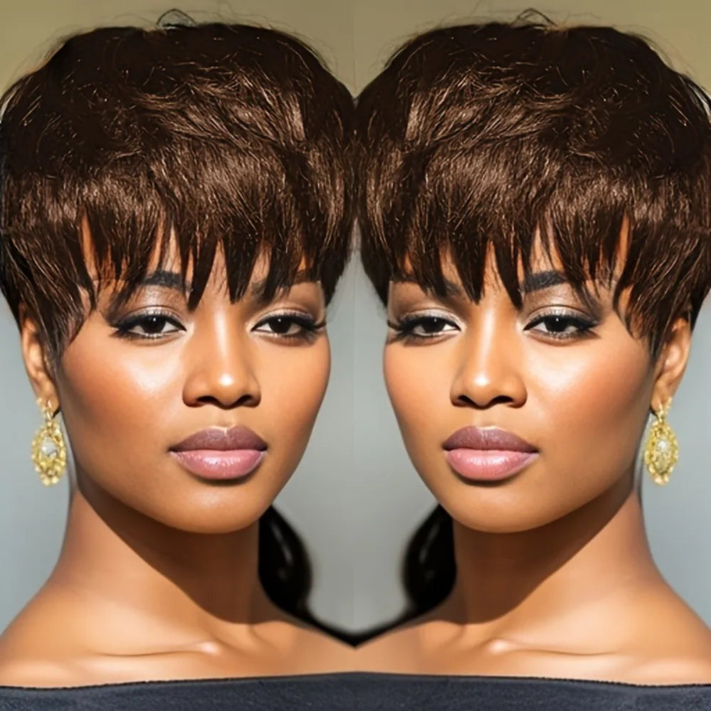 Pelucas de cabello humano marrón 99j de 6 pulgadas con 150% de densidad, corte pixie corto liso, hechas a máquina para uso diario en mujeres