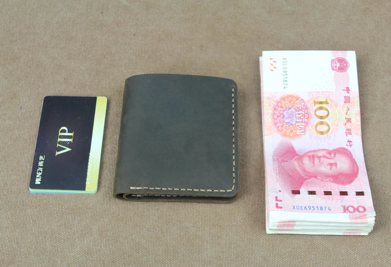 Cartera de lujo hecha a mano de cuero genuino Crazy Horse para hombre, cartera pequeña de cuero para hombre, monedero corto con clip para billetes, bolsa para dinero, café negro