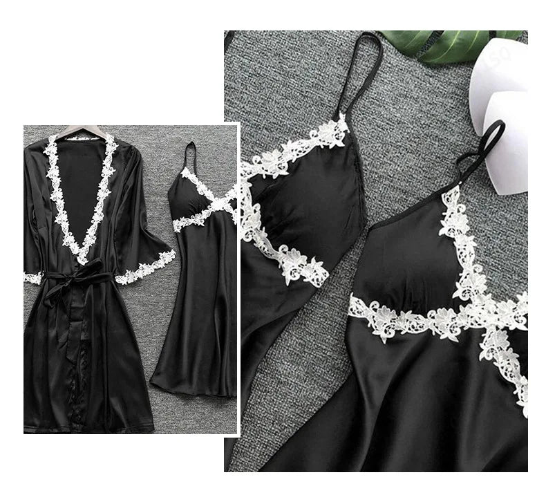 Conjunto de pijama de cinco piezas sexy con encaje, camisón, ropa de dormir, bata de baño de mujer de primavera y verano, traje de pijama de satén holgado para casa