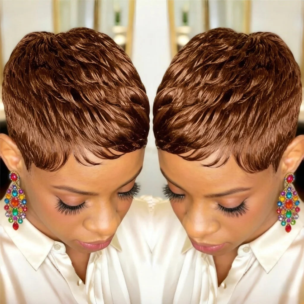 Short Pixie Cut Wigs Short Black full machine made Wig With Bangs Human Hair Pixie Wig for Women Pixie Cut Wigs Layered Hair Wig