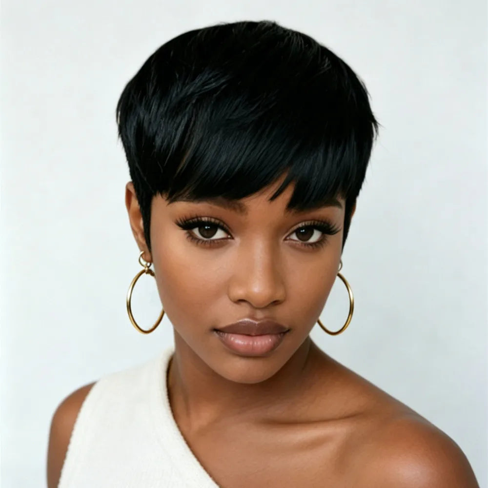 6inch 4/99J/natural black color straight short pixie wig 150% density machine made pixie human hair wig for women
