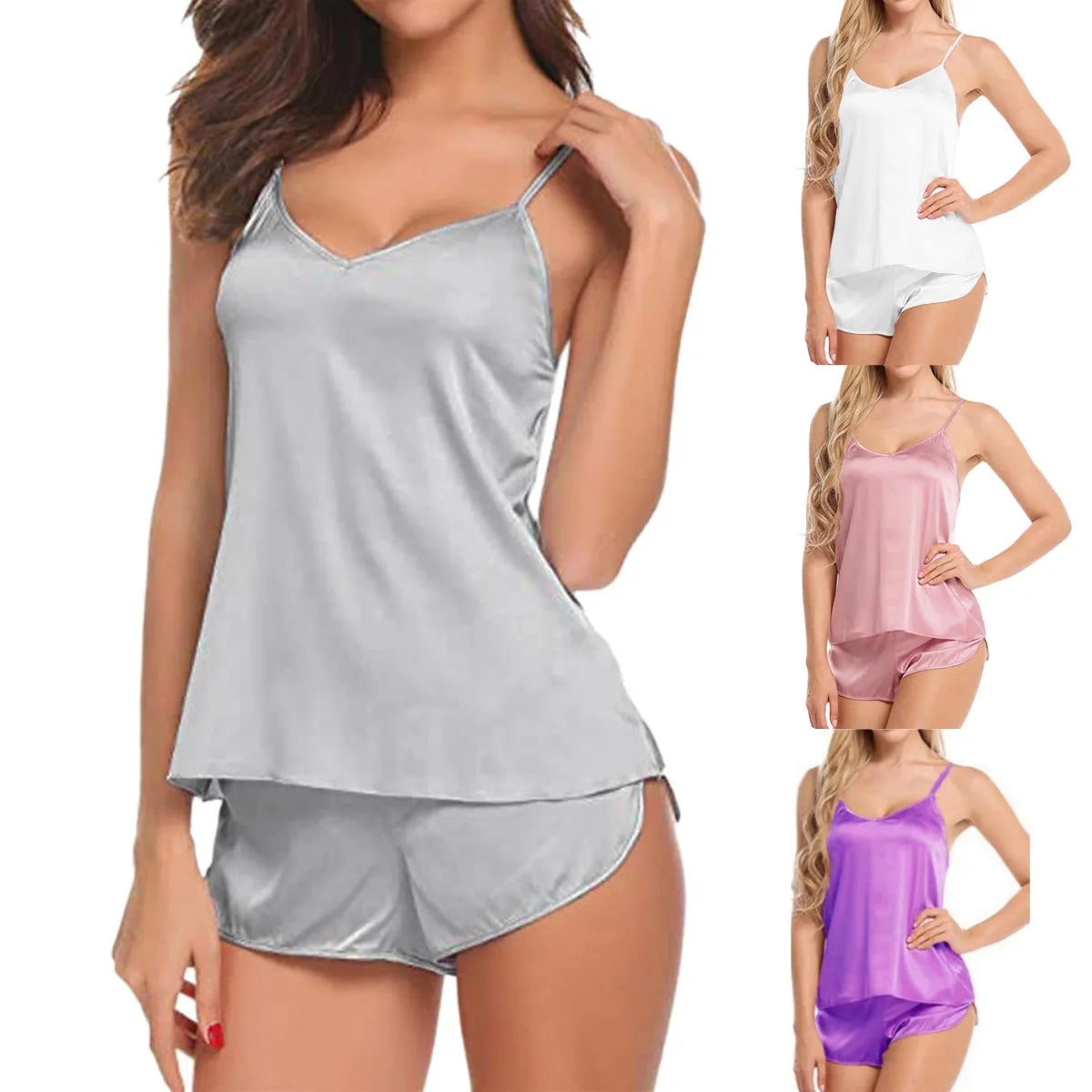 Conjunto de lencería de pijama para mujer, de satén y seda, camisola y shorts, ropa de dormir, top y shorts, trajes de ropa de dormir sin mangas