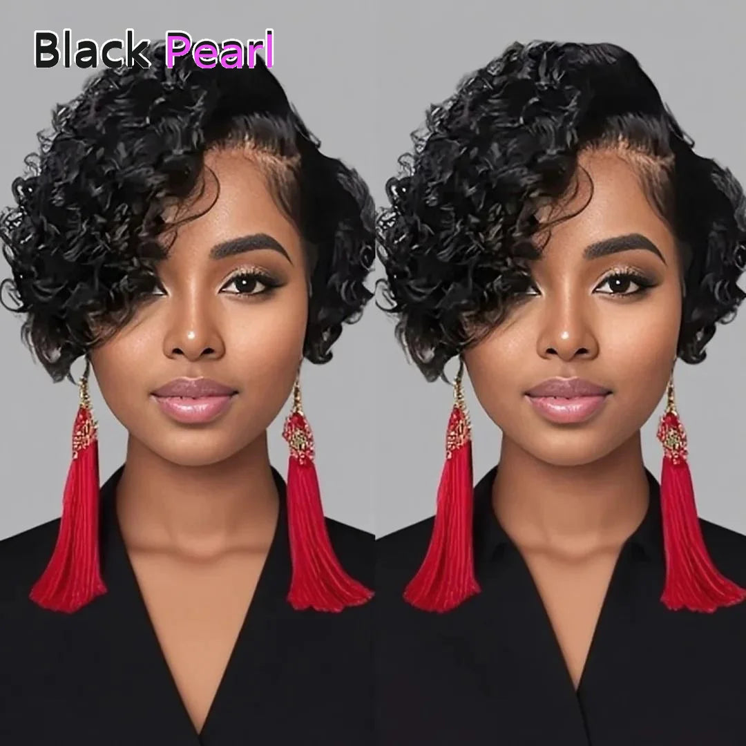 Peluca Bob Corto Black Pearl Pixie Cut Peluca de Pelo Humano Rizado para Mujer Color Negro Cierre de Encaje en T Peluca de Encaje Onda Profunda