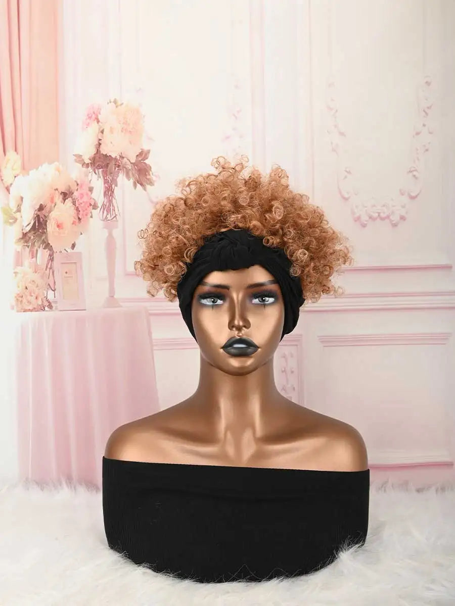 Headband Wig Curly Headband Wig With Bangs For Women Synthetic Afro Curly Hair Wig With Headband Attached Short Kinky Curly Afro High Puff With Bangs Stripes Short Red Curly Wigs with Bangs for Women, Natural Wavy Synthetic H