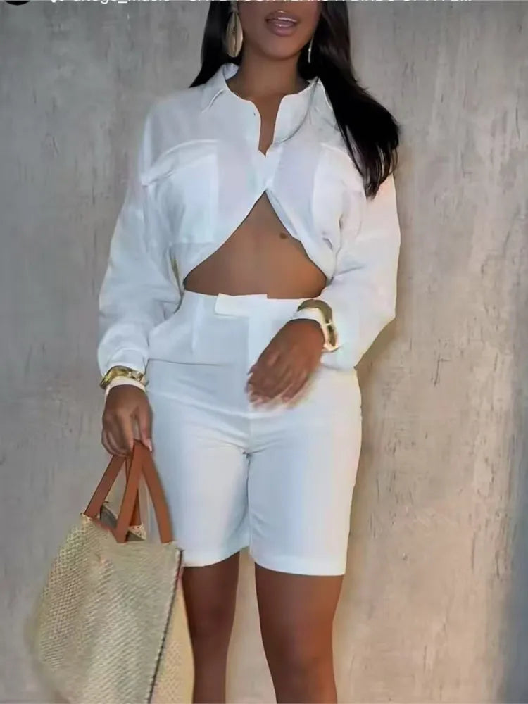 Women's Elegant Solid Long-sleeve Shirt Shorts Suit New Summer Fashion Elegant Casual Office Holiday Woman 2 Piece Set Outfit