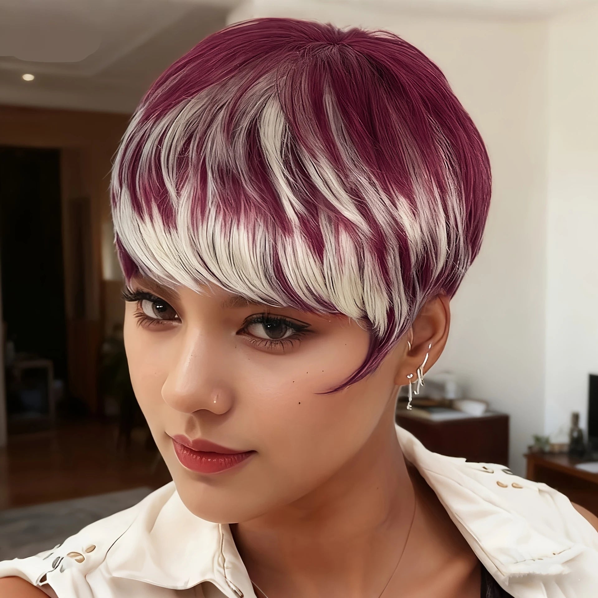 Peluca de corte pixie corto con reflejos burdeos y rubios (99j/613) Pelo liso, red rosa para volumen instantáneo, peluca de uso diario