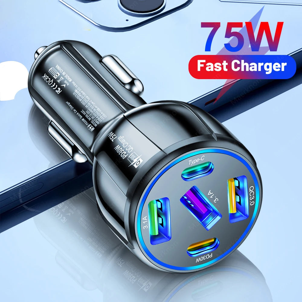 5 Ports USB Car Charger 75W PD Type C Fast Charging Charger In Car For iPhone Samsung Xiaomi Huawei Phone USB Car Power Adapter
