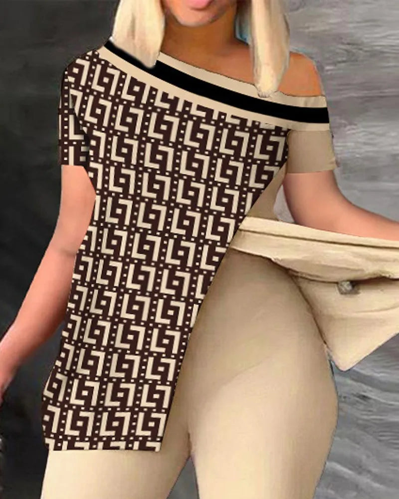 Conjuntos de dos piezas elegantes para mujer, nueva moda, estampado, top de manga con volantes, conjunto de pantalones de color sólido con cinturón, blusas, ropa femenina