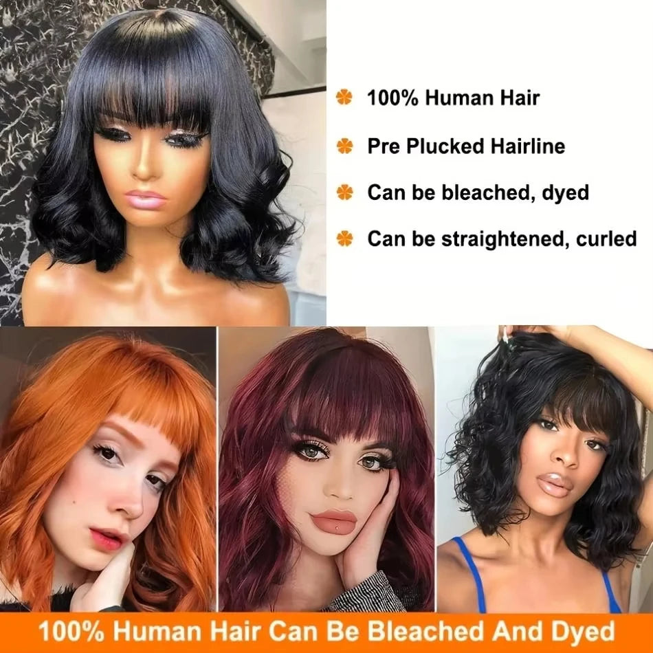 Loose Body Wave Bob Wig with Bangs – 100% Human Hair, Natural & Voluminous