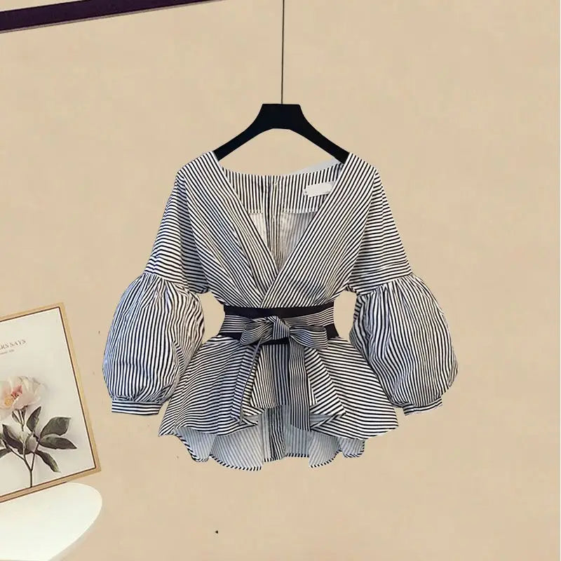 Conjunto de 2 piezas de falda y top, primavera verano casual, cuello en V, top holgado, conjuntos de falda, moda coreana, ropa de mujer