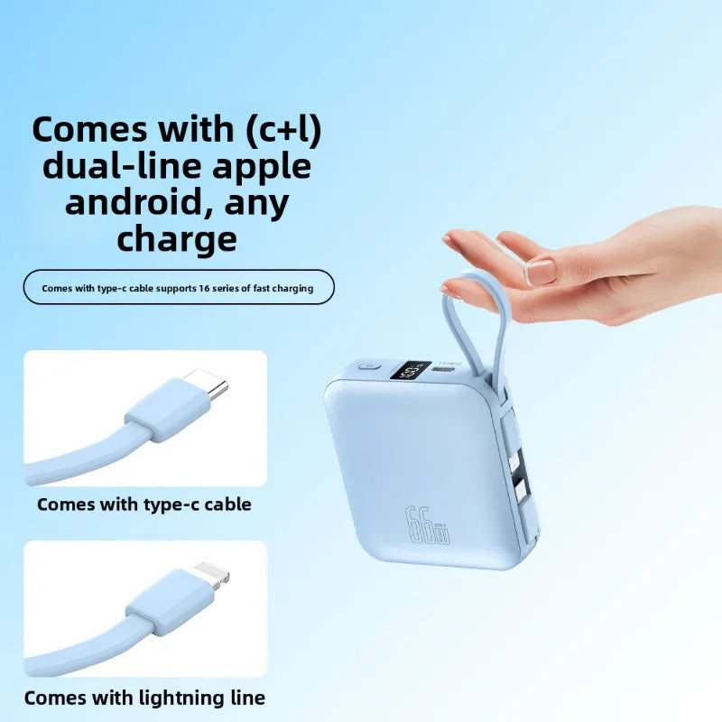 10000 mAh powerbank 22,5 W superrask lading, kompakt og bærbar med egen kabel, Mini 3C-sertifisert mobil strømforsyning.