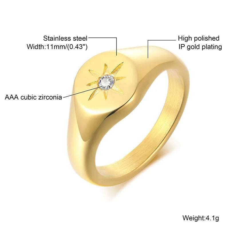 Anillo Meñique con Sello Sol de Acero Inoxidable, Anillo con Incrustaciones de Zirconia Cúbica Chapado en Oro, Joyería de Moda que No se Deslustra