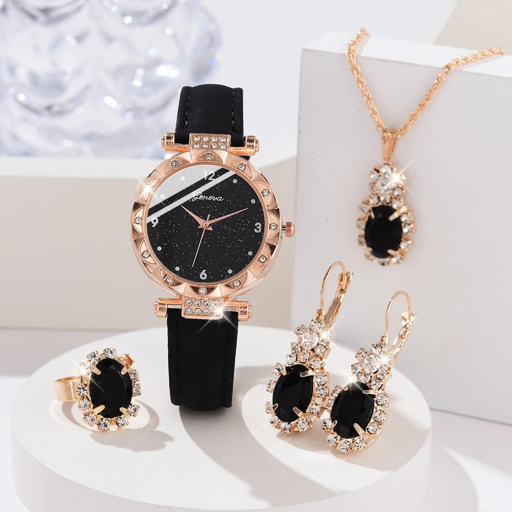 Relojes de mujer, juego de 5 piezas, lujoso, con diamantes de imitación, a la moda, elegante, de cuarzo, para niña, regalo con pulsera