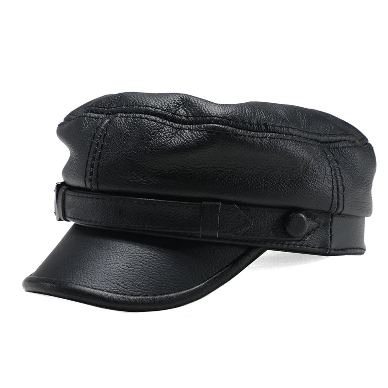 Sombrero de marca de lujo para mujer y hombre, gorras militares negras de cuero auténtico, sombreros planos para estudiantes, gorras de capitán ajustables para otoño e invierno