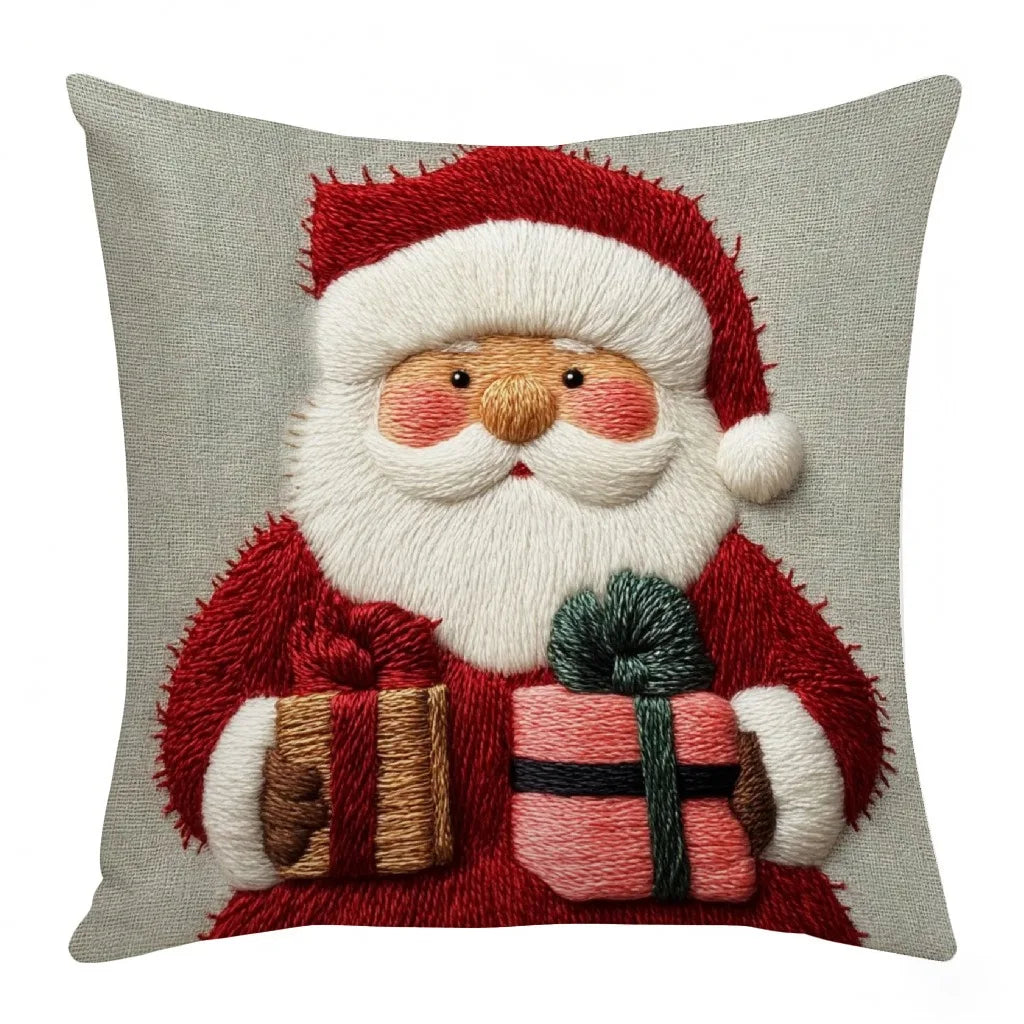 Funda de almohada navideña – Diseño de Papá Noel, muñeco de nieve y alce