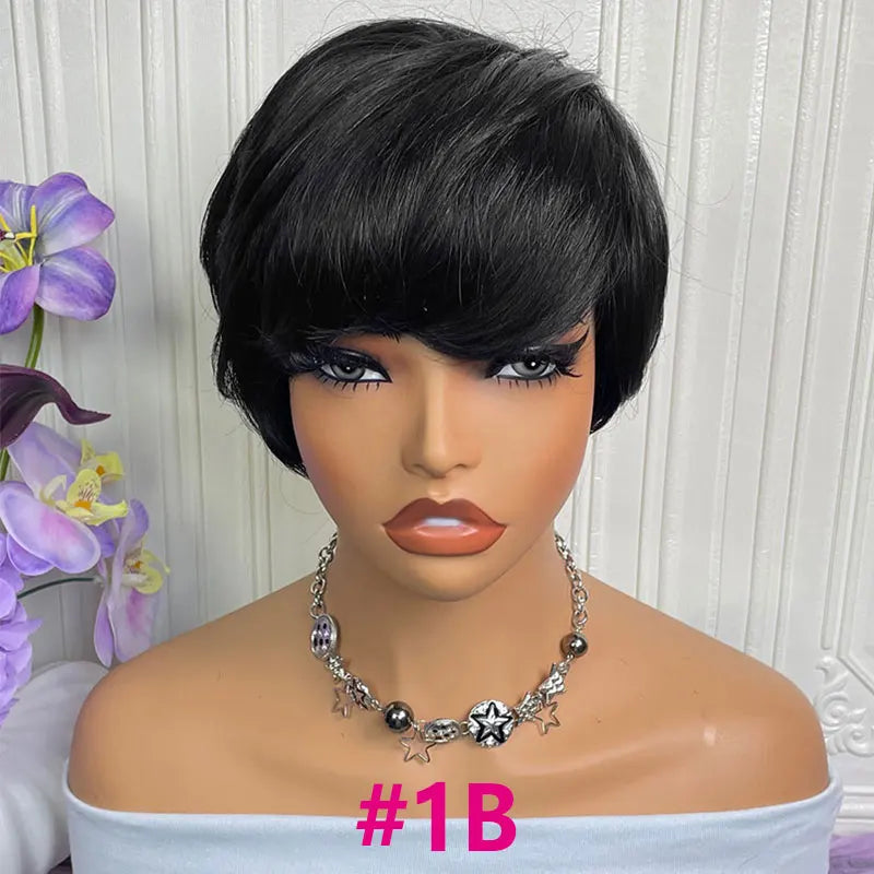 Short Straight Human Hair Wigs Highlight Color Brazilian Remy Hair Pixie Cut Wig Cheap Human Hair Machine Wig For Black Women
