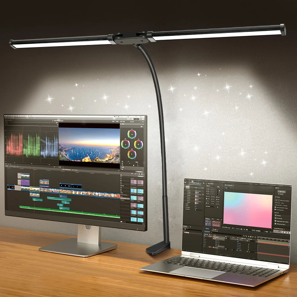 Lámpara de Escritorio LED de Uno o Dos Cabezales con Atenuación Continua, 3 Colores, Cuidado Ocular para el Hogar, Oficina, Luz de Lectura, Lámpara Flexible Ajustable