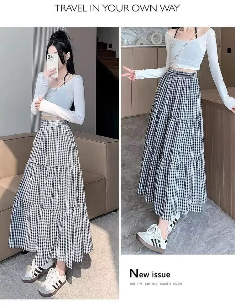 Jupe patchwork à volants pour femme, style vintage, à carreaux, taille haute, élastique, amincissante, mi-longue, été