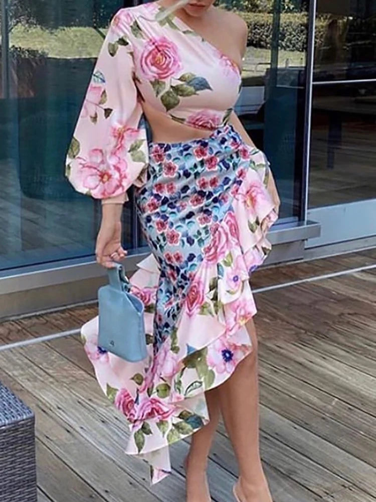 Conjunto de falda y top de dos piezas con estampado floral y volantes para mujer, elegante, de verano, falda a juego, traje de oficina, falda de trompeta elegante