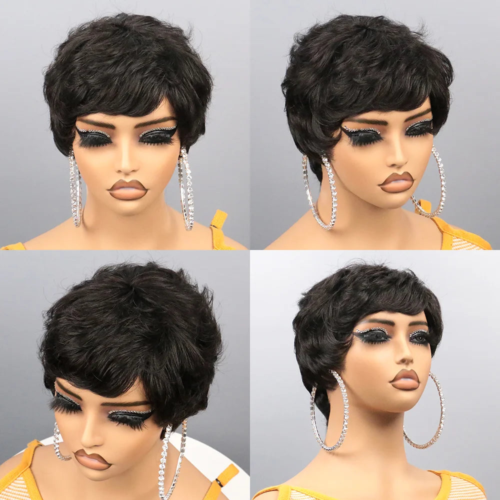 Peluca Bob Corto de Cabello Humano para Mujeres Negras, Pelucas Pixie Cut de Cabello Humano, Peluca Sin Pegamento, Peluca Sin Encaje Frontal con Flequillo, Negro Natural