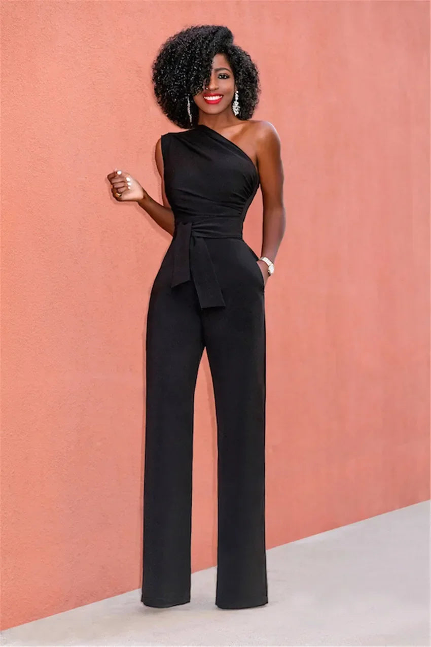 Damejumpsuit Ensfarget Skjev Krage Avskåret Topp Rette Bukser Belte Sexy Ermeløs Løse Bukser Elegant Sjarmerende Playsuits