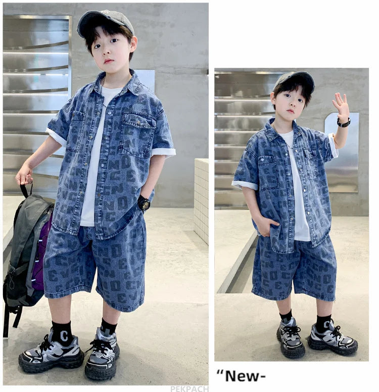 Conjunto de ropa casual de verano para niños Camisa y pantalón corto vaquero de 2 piezas para adolescentes y niños Traje de estilo urbano fresco