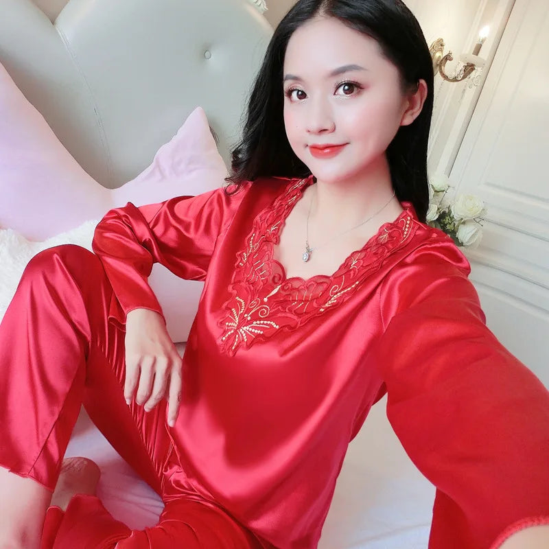 Women's Pajamas Set Summer Long Sleeve And Pants Pyjamas Two-piece Set Pajama Ice Silk Satin Sexy Sleepwear Home Suit Loungewear