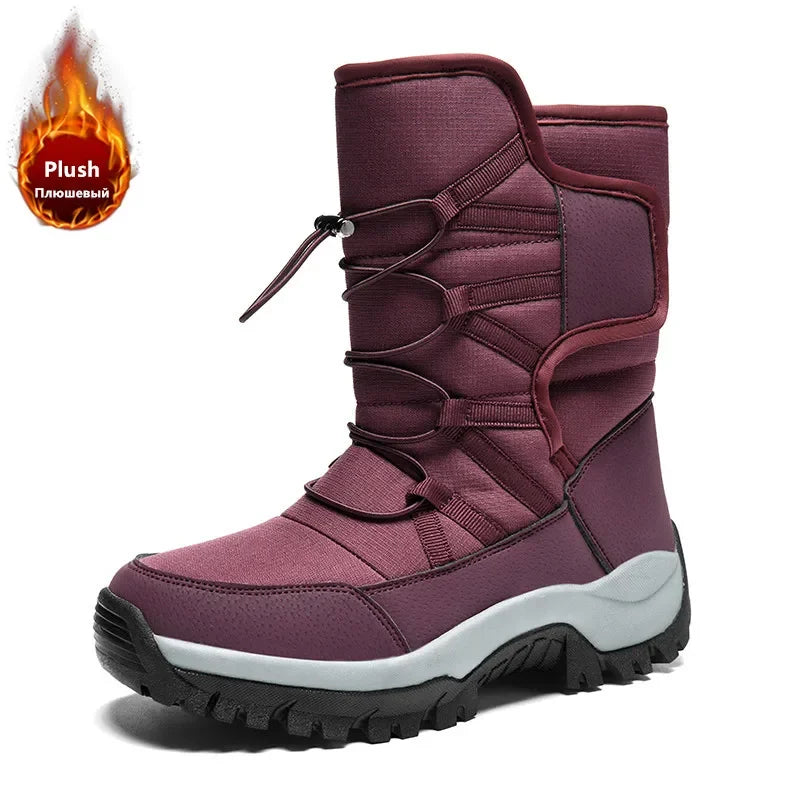 New Winter Women Boots Warm Plush Mid-Calf Women's Snow Boots Lace-up Outdoor Waterproof Hiking Boots Chaussures Femme Size 42