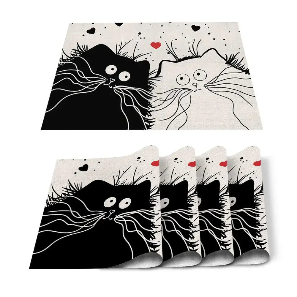 Individuales para mesa de comedor con diseño de gato, animal, lindo, blanco y negro, para mascotas, para cocina, bar, posavasos