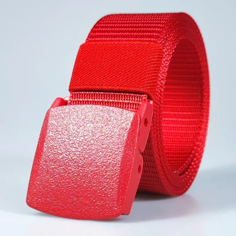 Ceintures en nylon à boucle automatique pour femmes, en toile, pour voyage en plein air, pantalons de sport haut de gamme, ceintures non métalliques pour hommes, blanc, noir, bleu, rouge