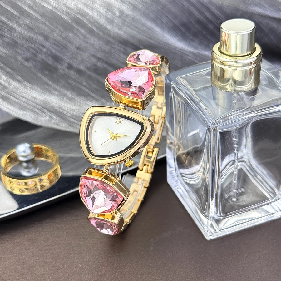 Reloj de cuarzo vanguardista de moda con esfera de patrón solar simple, pedrería brillante de forma irregular y diseño especial para mujer