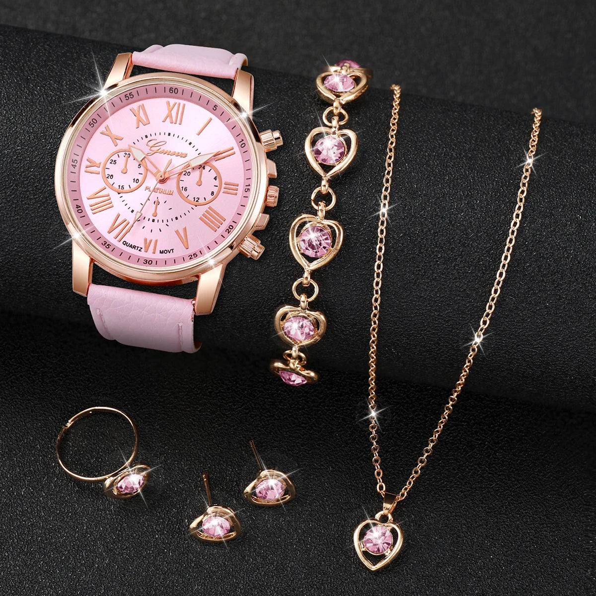 5/6PCS Reloj de cuarzo de moda para mujer, correa de cuero, relojes de pulsera analógicos, conjunto de joyas con corazón de diamantes de imitación (sin caja)