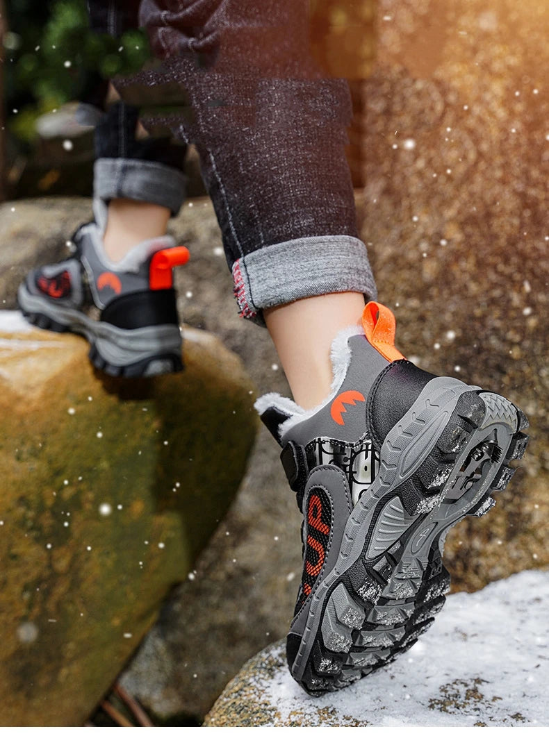 Winter Plus Velvet Hiking Shoes For Kids Non-slip Platform High Top Sports Shoes Boys Outdoor Warm Plush Children's Sneakers