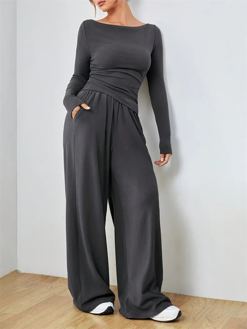 Women's Two-Piece Wide-Leg Pants Set Soft And Waxy Style Suit Fashionable Irregularities Women's Clothing Sales Yoga Sports Set