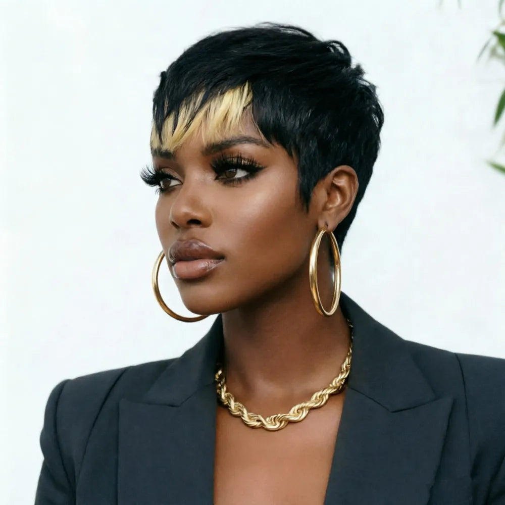 short straight daily party use wig pixie cut wig human hair wig machine made black pixie wig blonde color for women