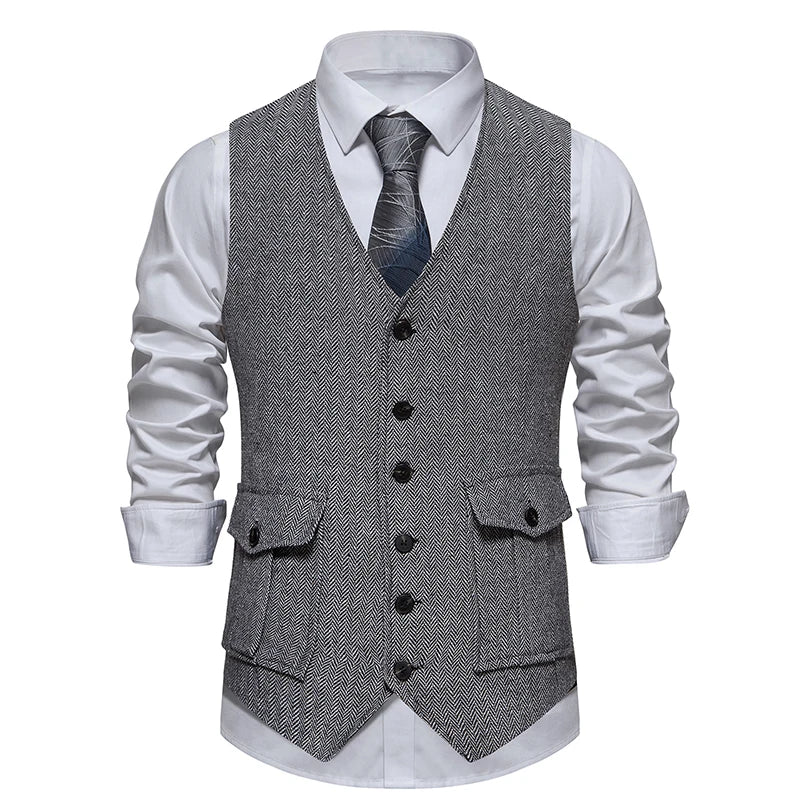 Chaleco de Traje de Hombre de Espiga Chaleco de Negocios Boda Casual Cuello Vuelto Chalecos de Vestir para Hombres Fiesta Formal V07