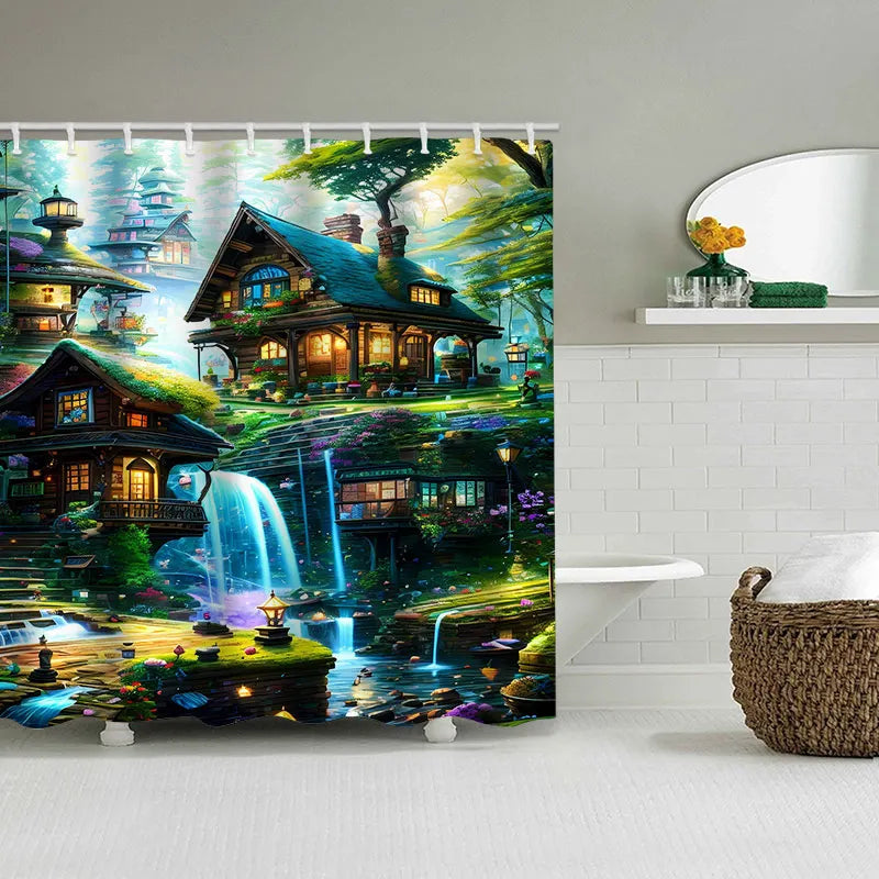 Dream view Cottage Bathing Curtain Bathroom Shower Curtain Waterproof With 12 Hooks Home Deco Free Ship