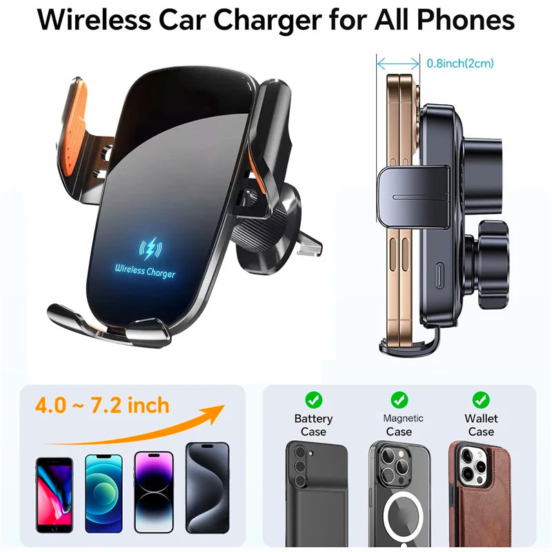 UYUXIO 15W Fast Charging Wireless Car Charger Manual Clamp Air Vent Car Mount Phone Holder for iPhone Samsung Android Phones
