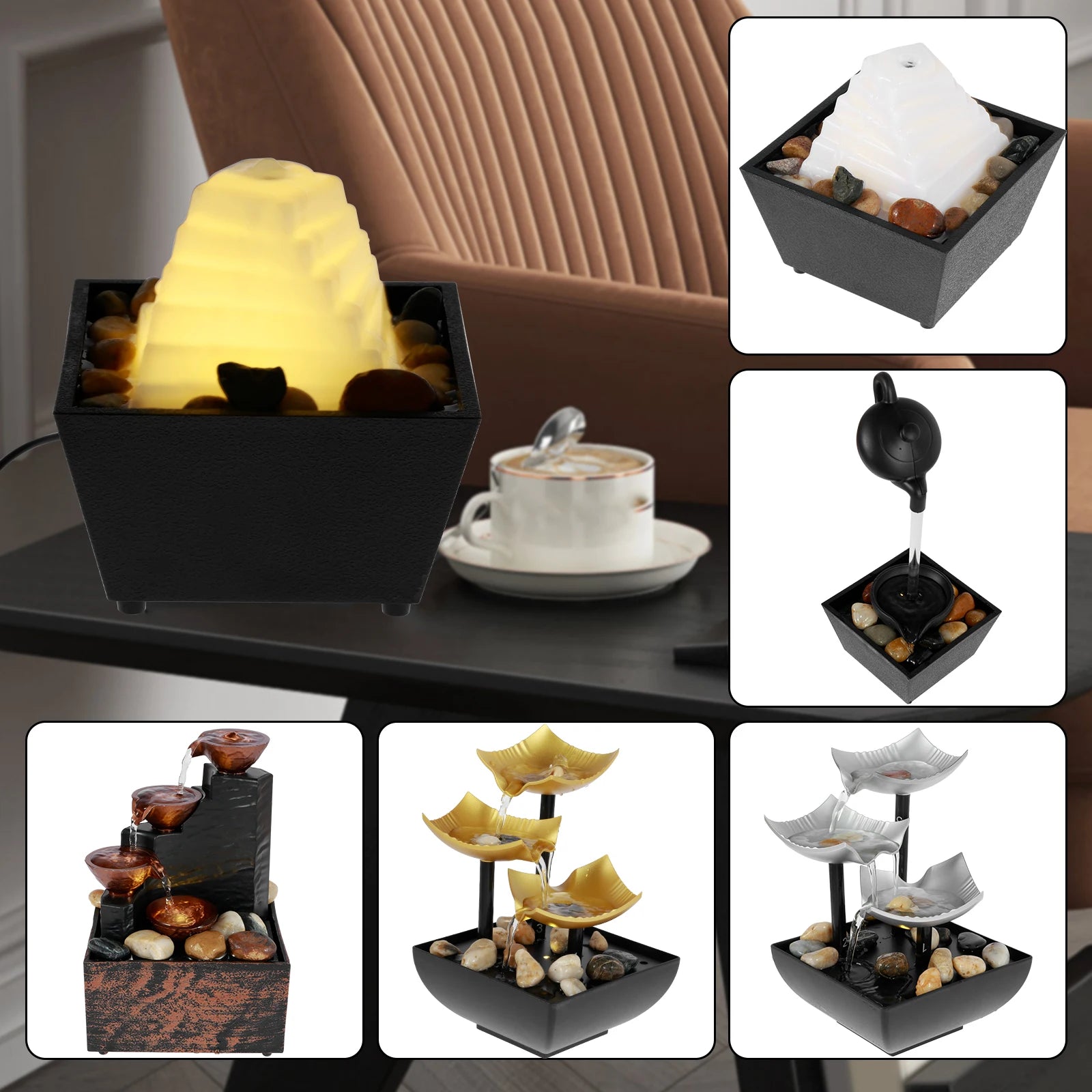 Fontaine de table, petite fontaine cascade, décoration de bureau avec lumière et galets, alimentée par USB, son relaxant, fontaine décorative