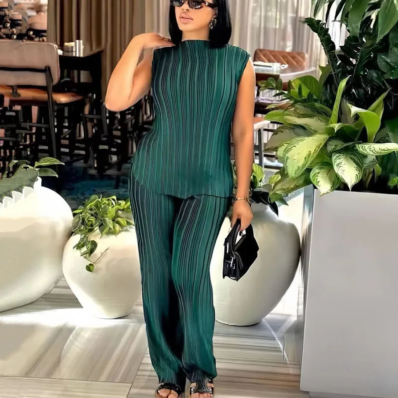 Conjuntos de 2 piezas para mujer, elegantes, plisados, top sin mangas ajustado y pantalones de pierna ancha, ropa elegante para mujer